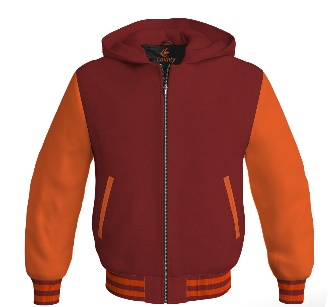 Letterman Bomber Hoodie Jacket Maroon Body Orange Leather Sleeves