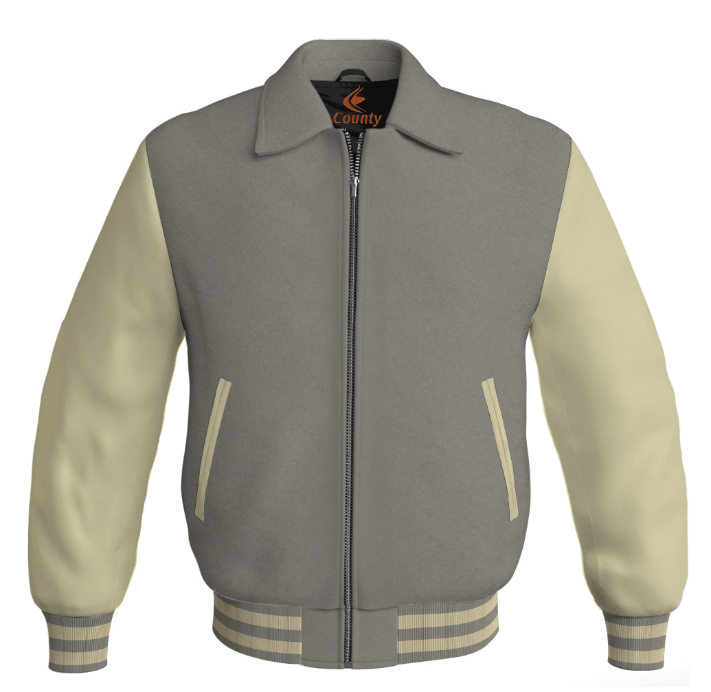 Luxury Bomber Classic Jacket Gray Body and Cream Leather Sleeves