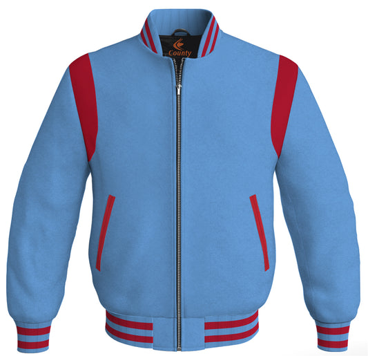 Letterman Baseball Bomber Retro Jacket Sky Blue Body Red Leather Inserts