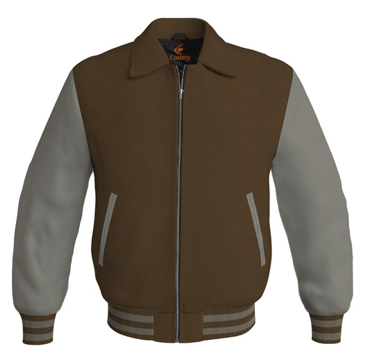 Luxury Bomber Classic Jacket Brown Body and Gray Leather Sleeves