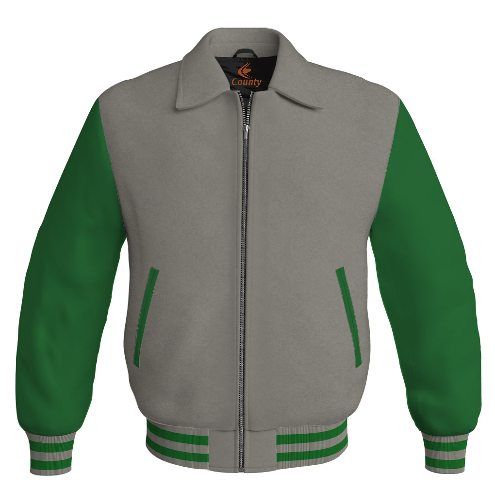 Luxury Bomber Classic Jacket Gray Body and Green Leather Sleeves