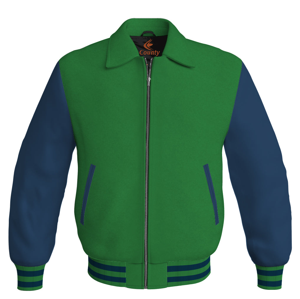 Luxury Bomber Classic Jacket Green Body and Navy Blue Leather Sleeves