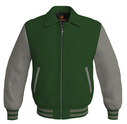 Luxury Bomber Classic Jacket Forest Green Body and Gray Leather Sleeves