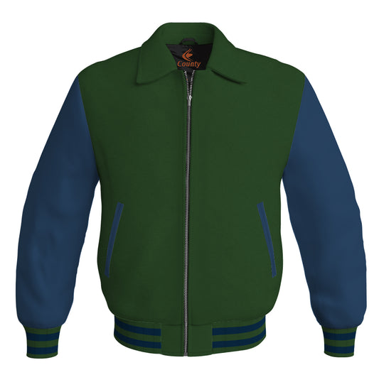 Luxury Bomber Classic Jacket Forest Green Body and Navy Blue Leather Sleeves