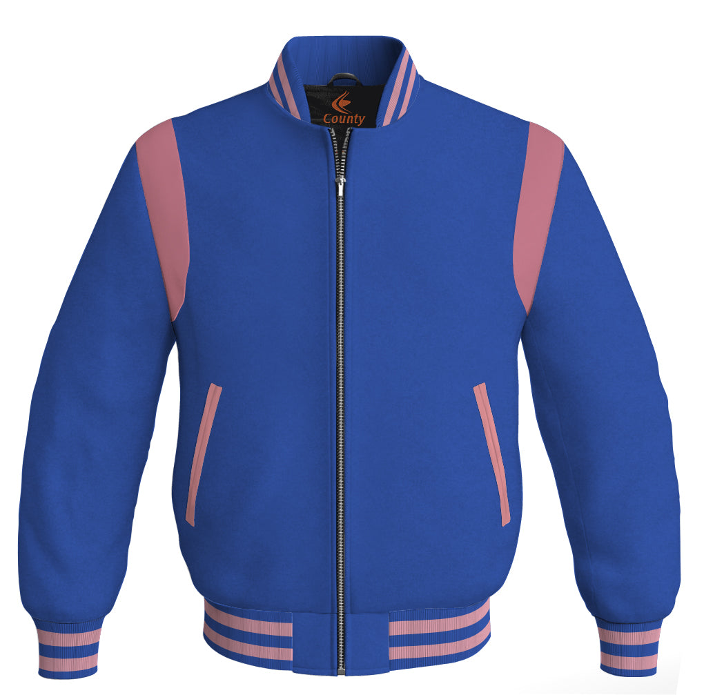 Letterman Baseball Bomber Retro Jacket Royal Blue Body Pink Leather Inserts