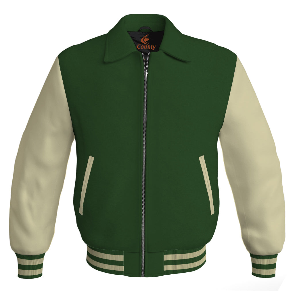 Luxury Bomber Classic Jacket Forest Green Body and Cream Leather Sleeves