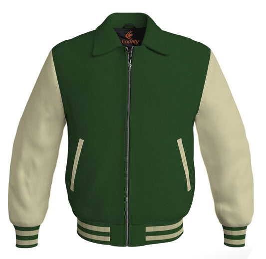 Luxury Bomber Classic Jacket Forest Green Body and Cream Leather Sleeves