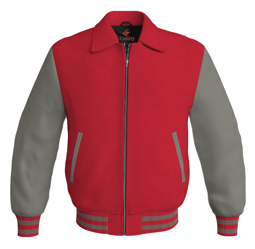 Luxury Bomber Classic Jacket Red Body and Gray Leather Sleeves