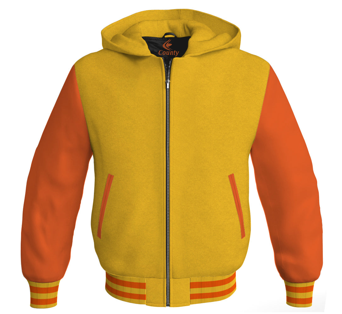 Letterman Bomber Hoodie Jacket Yellow/Gold Body Orange Leather Sleeves