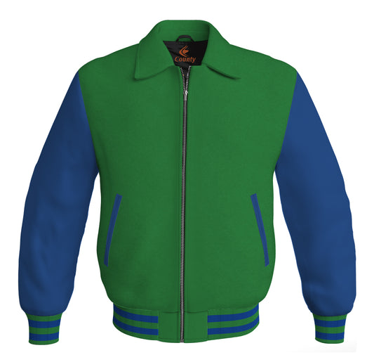 Luxury Bomber Classic Jacket Green Body and Blue Leather Sleeves