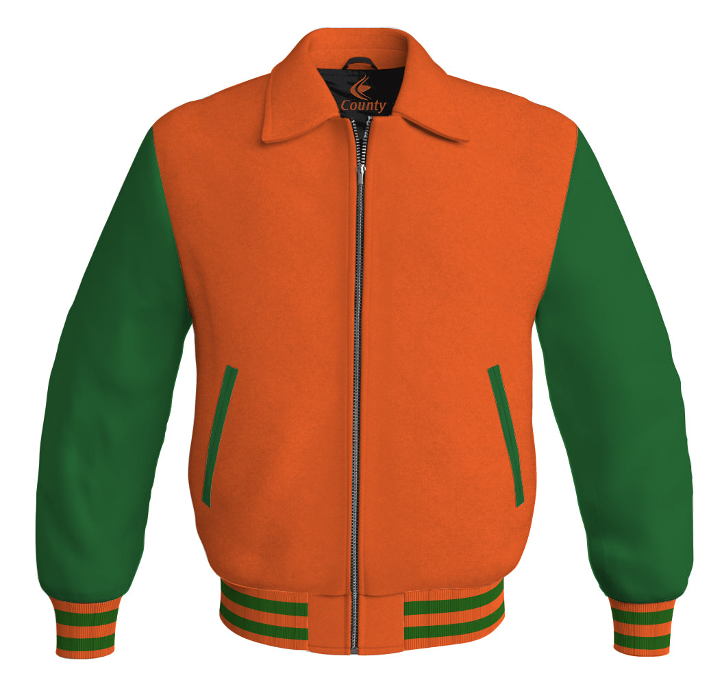 Luxury Bomber Classic Jacket Orange Body and Green Leather Sleeves