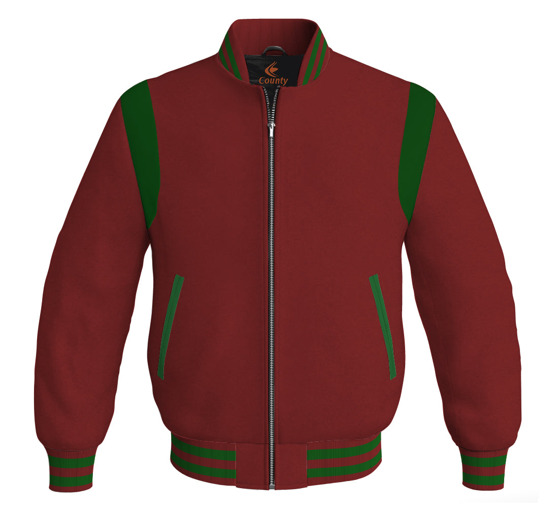 Letterman Baseball Bomber Retro Jacket Maroon Body Green Leather Inserts