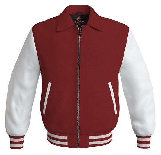 Luxury Bomber Classic Jacket Maroon Body and White Leather Sleeves