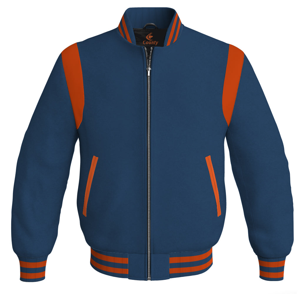 Letterman Baseball Bomber Retro Jacket Navy Blue Body Orange Leather Inserts