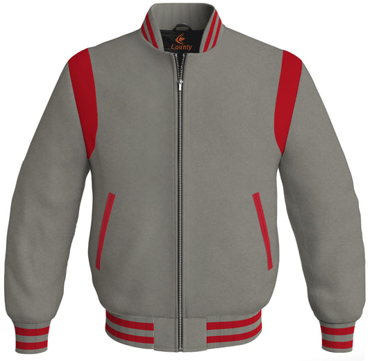 Letterman Baseball Bomber Retro Jacket Gray Body Red Leather Inserts