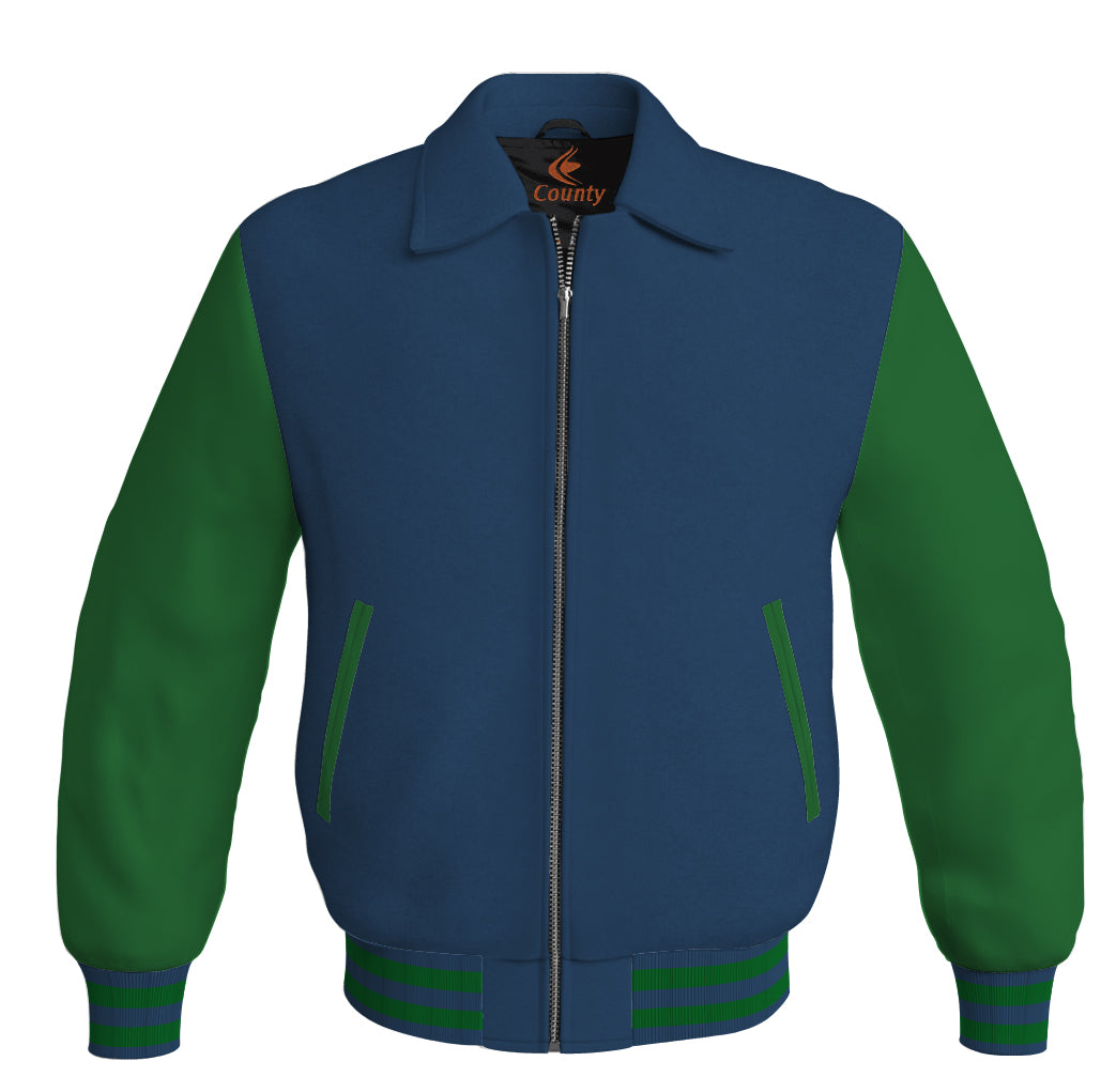 Luxury Bomber Classic Jacket Navy Blue Body and Green Leather Sleeves