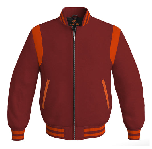 Letterman Baseball Bomber Retro Jacket Maroon Body Orange Leather Inserts