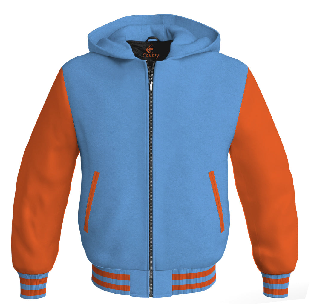 Letterman Bomber Hoodie Jacket Sky Blue Body Orange Leather Sleeves