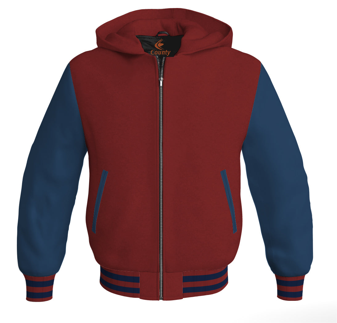 Letterman Hoodie Maroon Body and Navy Blue Leather Sleeves Varsity Hoodie