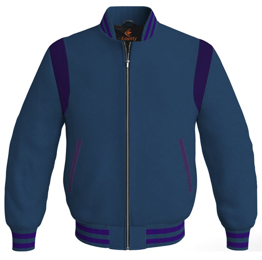 Letterman Baseball Bomber Retro Jacket Navy Blue Body Purple Leather Inserts