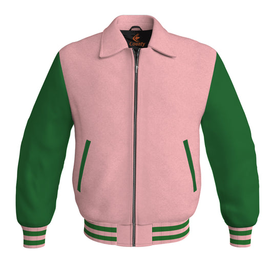 Luxury Bomber Classic Jacket Pink Body and Green Leather Sleeves