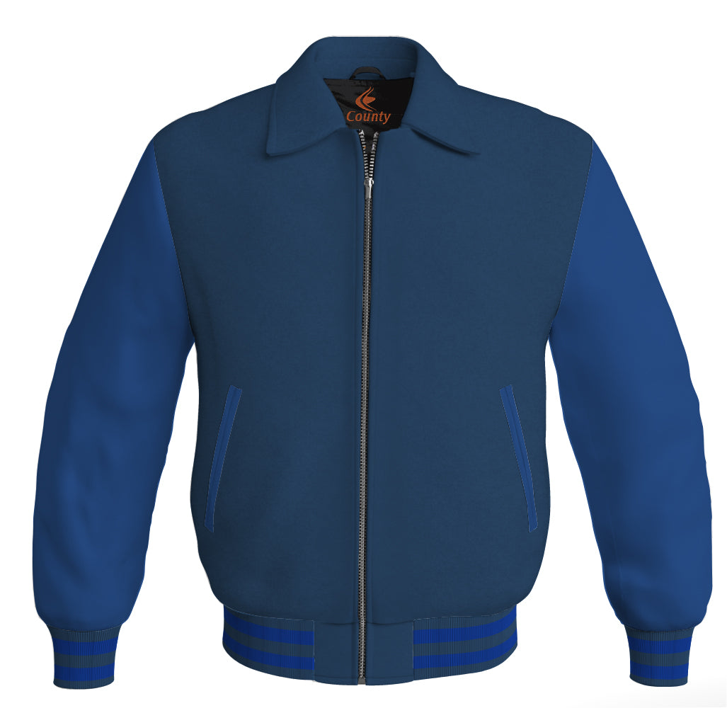 Luxury Bomber Classic Jacket Navy Blue Body and Blue Leather Sleeves