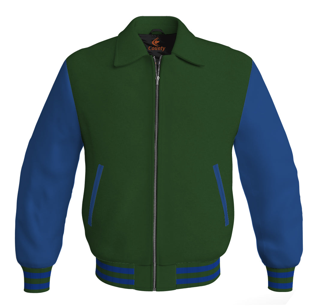 Luxury Bomber Classic Jacket Forest Green Body and Blue Leather Sleeves