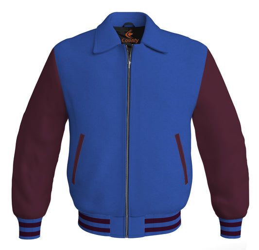 Luxury Bomber Classic Jacket Royal Blue Body and Maroon Leather Sleeves