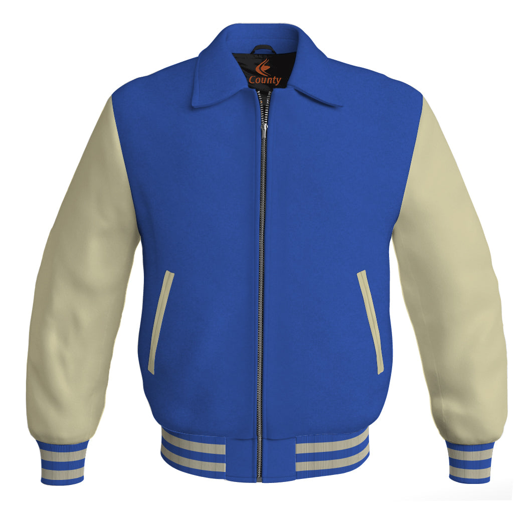 Luxury Bomber Classic Jacket Royal Blue Body and Cream Leather Sleeves