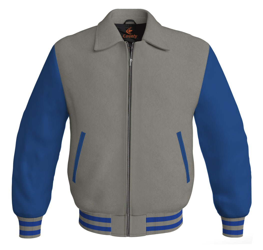 Luxury Bomber Classic Jacket Gray Body and Blue Leather Sleeves