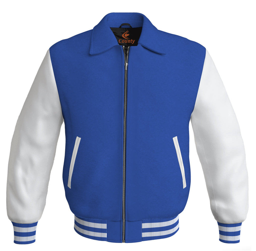 Luxury Bomber Classic Jacket Royal Blue Body and White Leather Sleeves