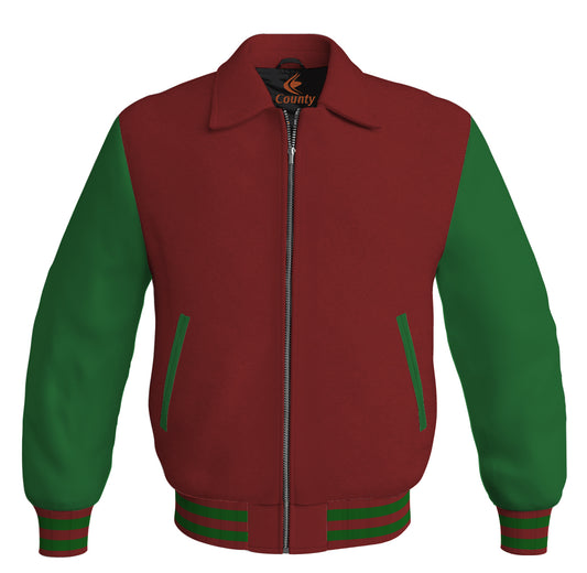 Luxury Bomber Classic Jacket Maroon Body and Green Leather Sleeves