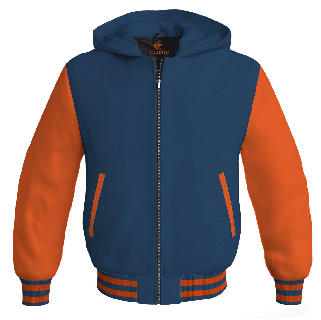 Letterman Bomber Hoodie Jacket Navy Blue Body Orange Leather Sleeves