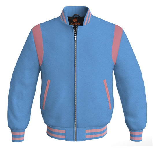 Letterman Baseball Bomber Retro Jacket Sky Blue Body Pink Leather Inserts