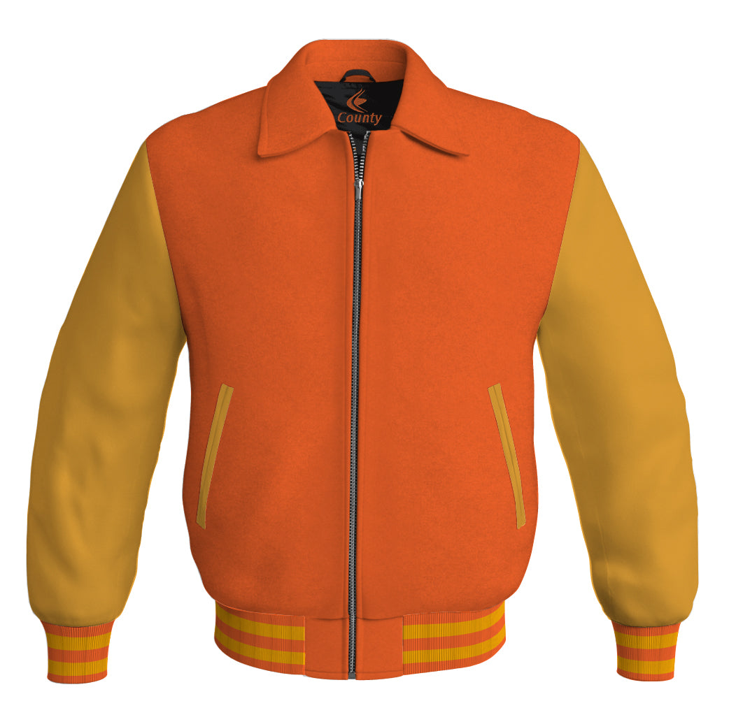 Luxury Bomber Classic Jacket Orange Body and Golden Leather Sleeves