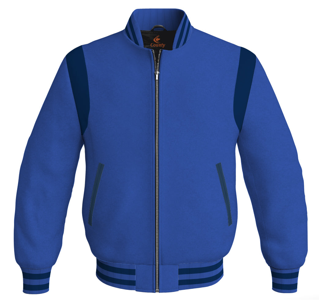 Letterman Baseball Bomber Retro Jacket Royal Blue Body Navy Blue Leather Inserts