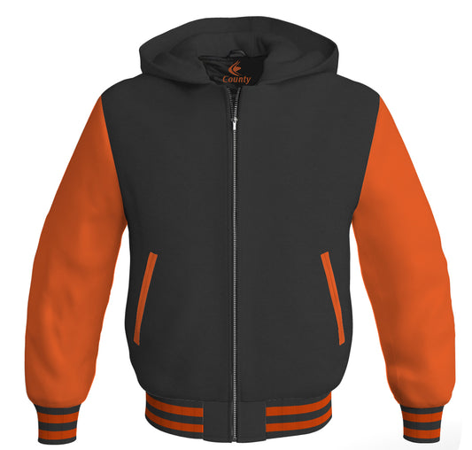 Hoodies For Men Black Body and Orange Leather Sleeves Varsity Hoodie