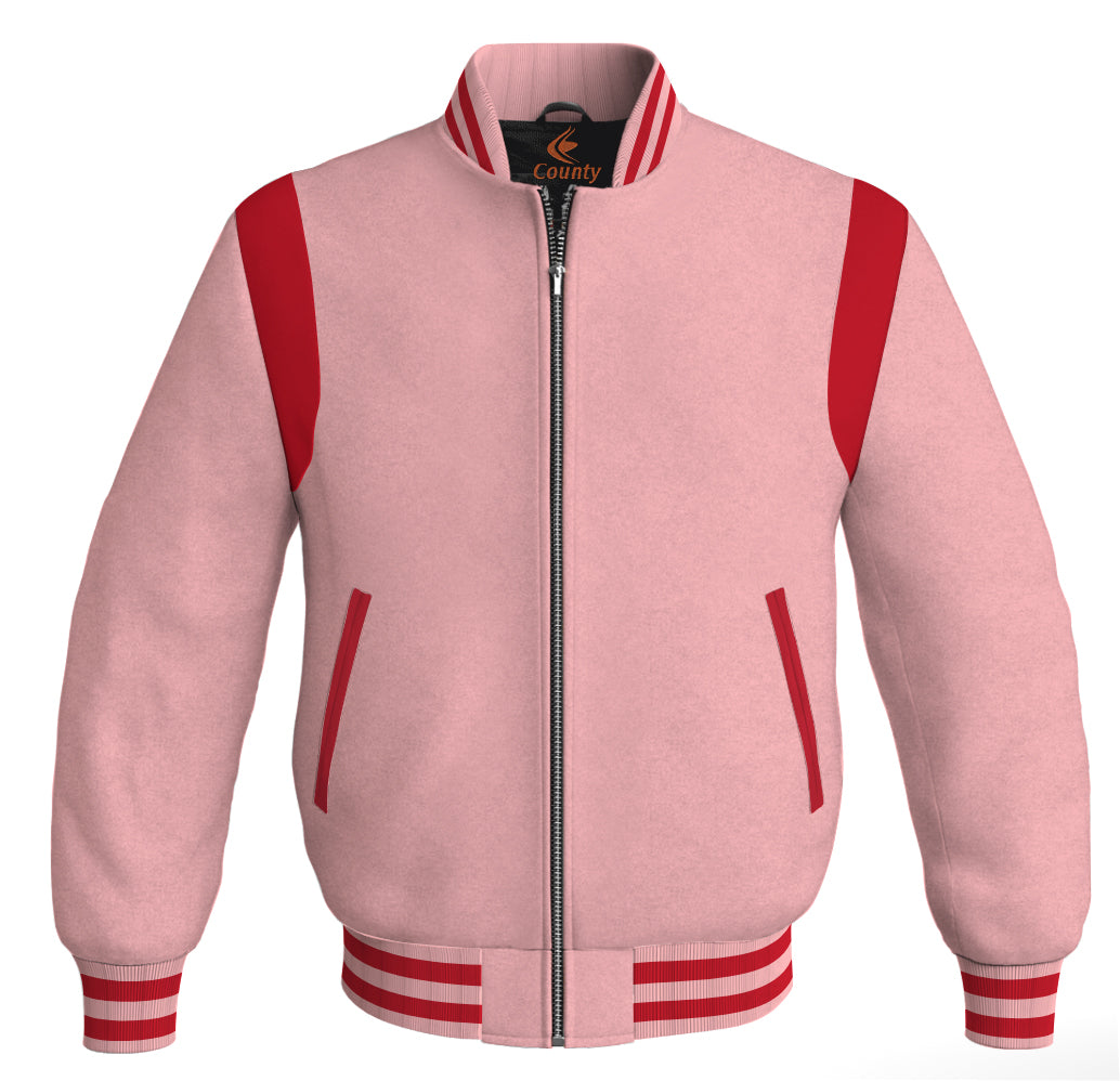 Letterman Baseball Bomber Retro Jacket Pink Body Red Leather Inserts