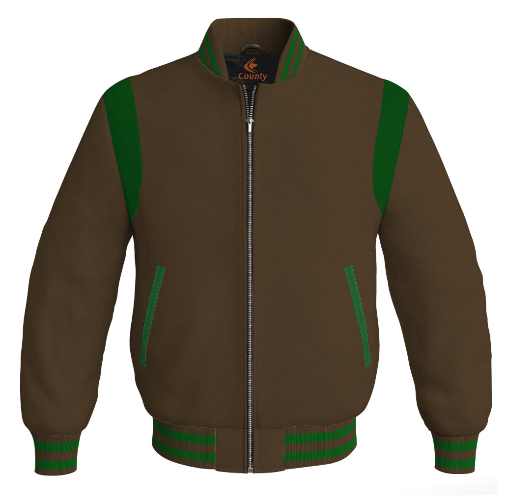 Letterman Baseball Bomber Retro Jacket Brown Body Green Leather Inserts