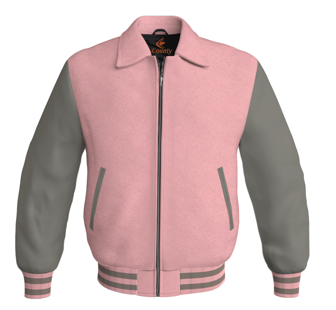 Luxury Bomber Classic Jacket Pink Body and Gray Leather Sleeves