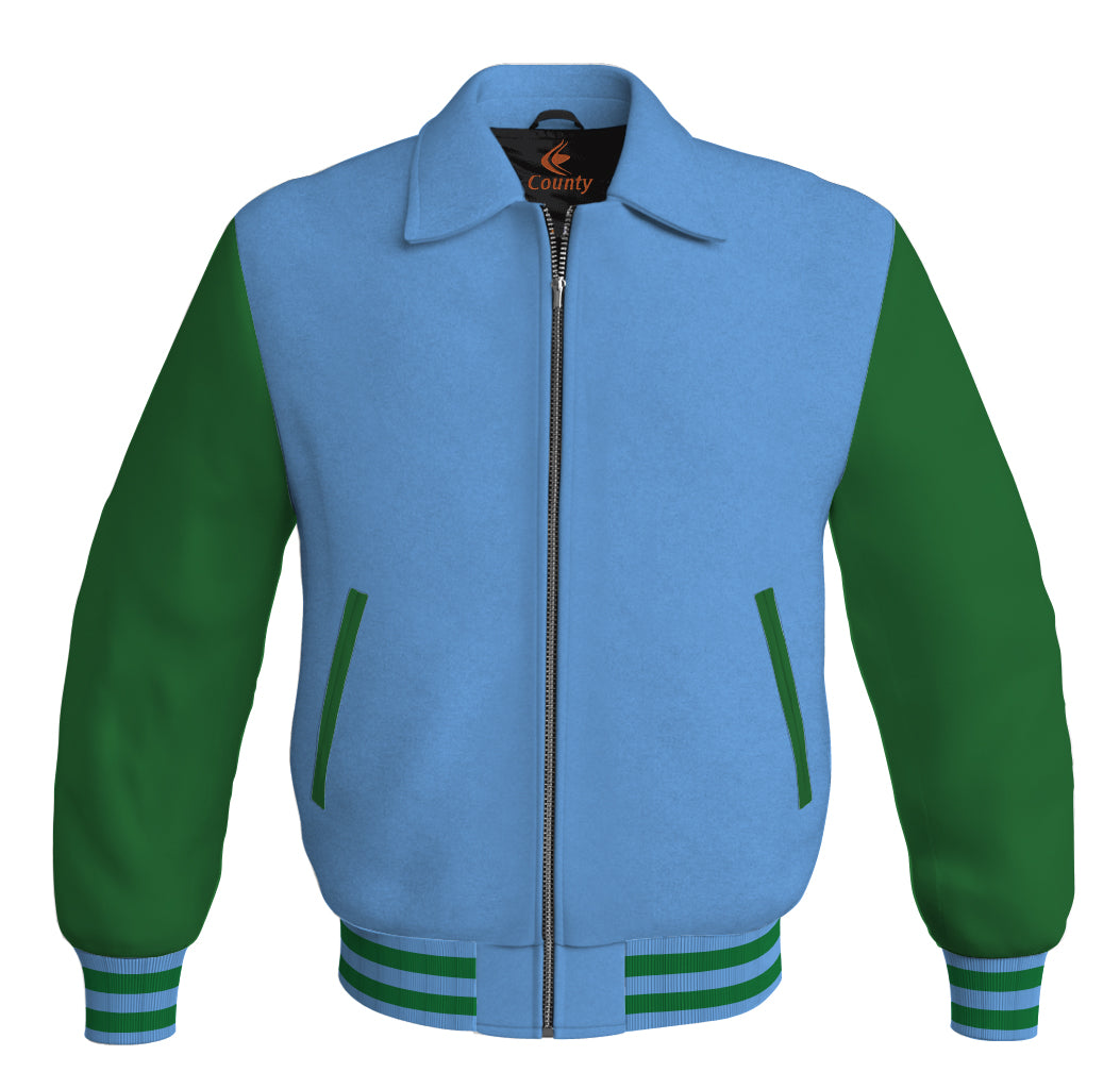 Luxury Bomber Classic Jacket Sky Blue Body and Green Leather Sleeves