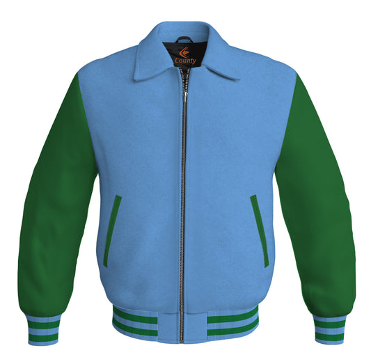 Luxury Bomber Classic Jacket Sky Blue Body and Green Leather Sleeves