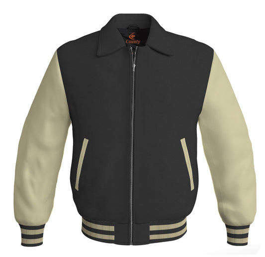 Luxury Bomber Classic Jacket Black Body and Cream Leather Sleeves