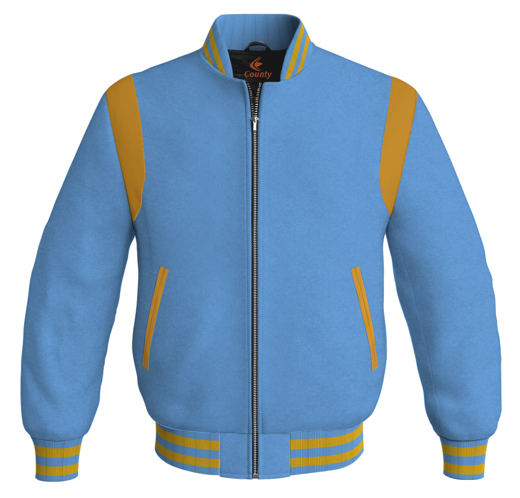 Letterman Baseball Bomber Retro Jacket Sky Blue Body Golden Leather Inserts