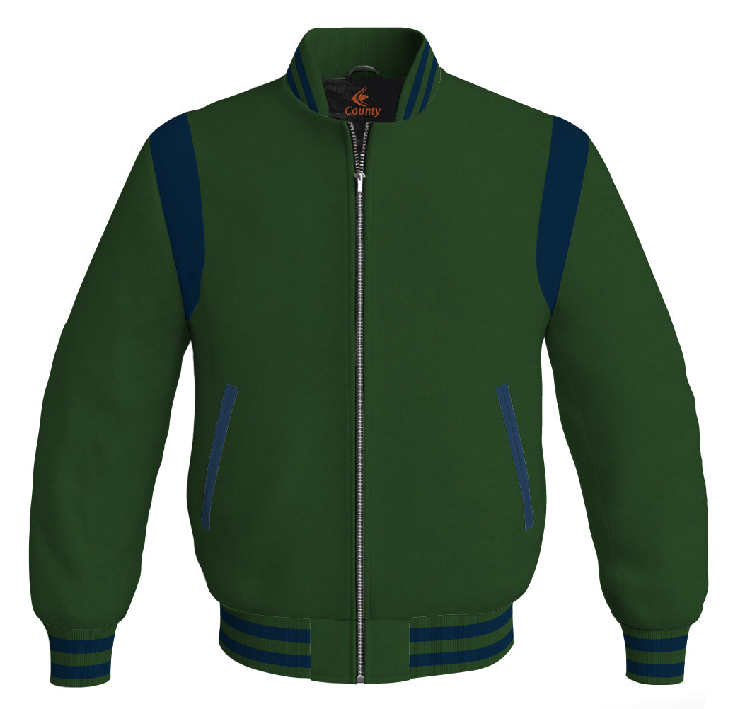 Letterman Baseball Bomber Retro Jacket Forest Green Body Navy Blue Leather Inserts