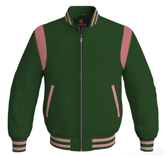 Letterman Baseball Bomber Retro Jacket Forest Green Body Pink Leather Inserts'