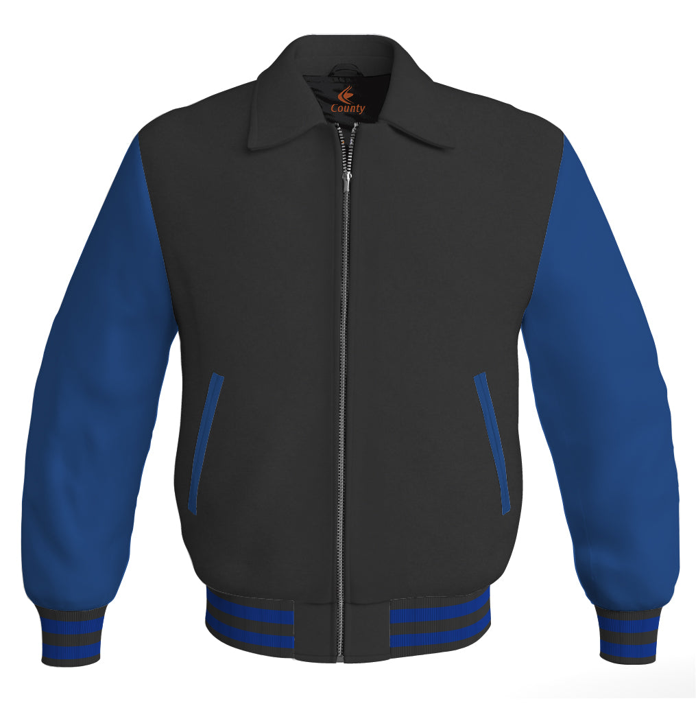 Luxury Bomber Classic Jacket Black Body and Blue Leather Sleeves