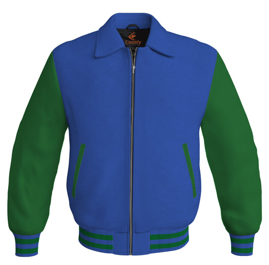 Luxury Bomber Classic Jacket Royal Blue Body and Green Leather Sleeves