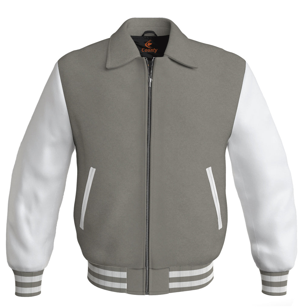 Luxury Bomber Classic Jacket Gray Body and White Leather Sleeves