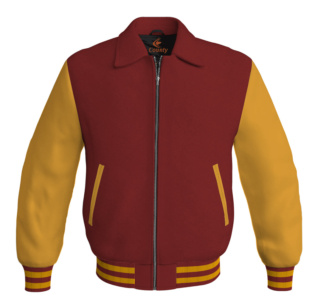 Luxury Bomber Classic Jacket Maroon Body and Golden Leather Sleeves